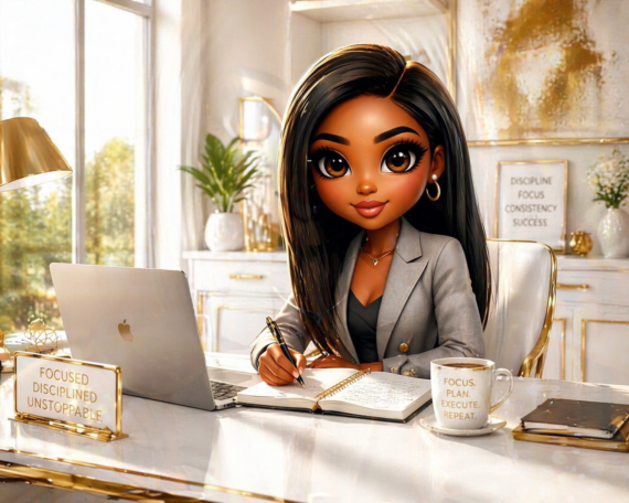 Chi Chi at a modern desk planning her wealth strategy — building wealth after 40 the Unfuckable way