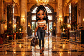 The Traveler arriving in a grand hotel lobby — well-refined opulent woman the Unfuckable way