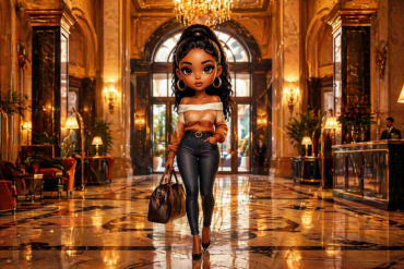 The Traveler arriving in a grand hotel lobby — well-refined opulent woman the Unfuckable way