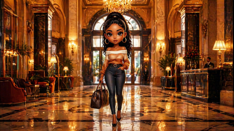 The Traveler arriving in a grand hotel lobby — well-refined opulent woman the Unfuckable way