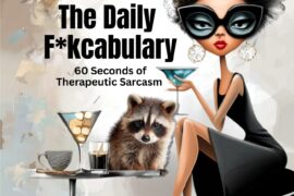 The Daily Fuckcabulary podcast cover — Chi Chi with martini and raccoon, 60 seconds of therapeutic sarcasm