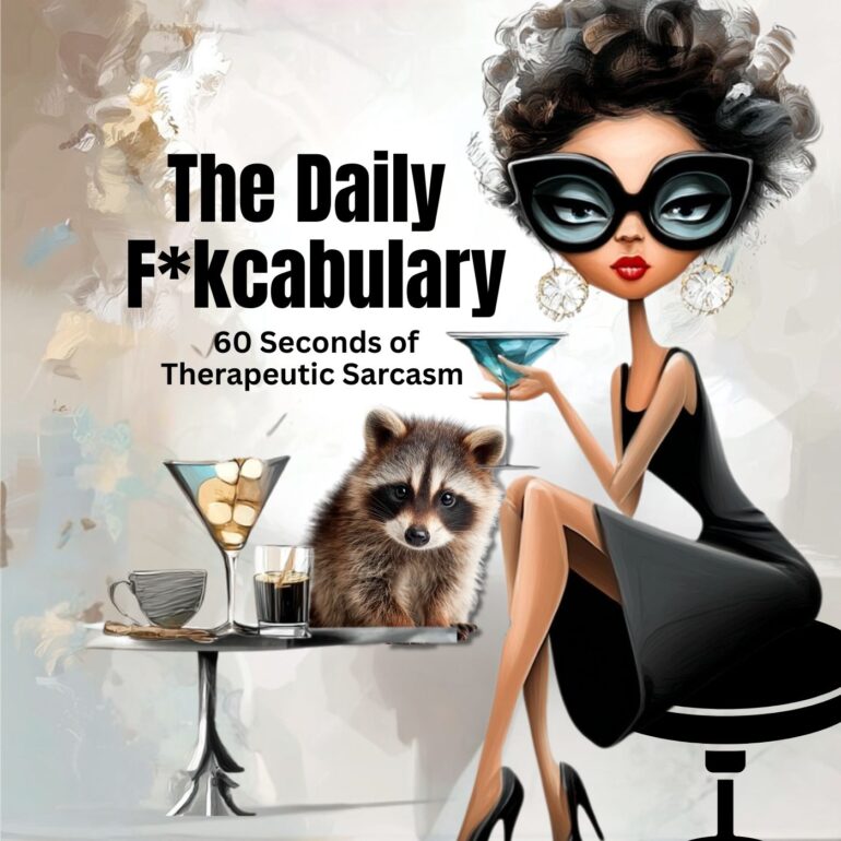 The Daily Fuckcabulary podcast cover — Chi Chi with martini and raccoon, 60 seconds of therapeutic sarcasm