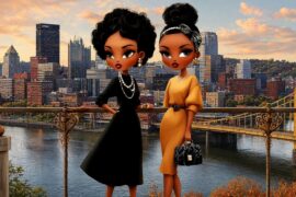 Chi Chi and Takara on a Pittsburgh rooftop at golden hour — ready for a relationship after being