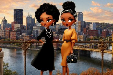 Chi Chi and Takara on a Pittsburgh rooftop at golden hour — ready for a relationship after being